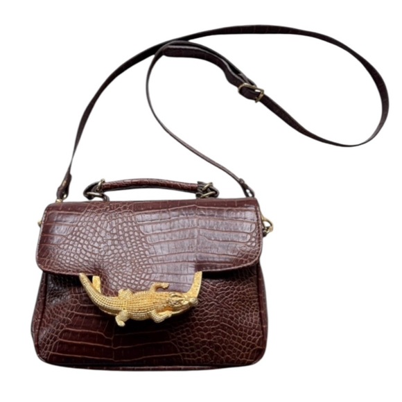 Vintage Handbags - Vintage Cognac Croc Embossed Leather Crossbody Bag